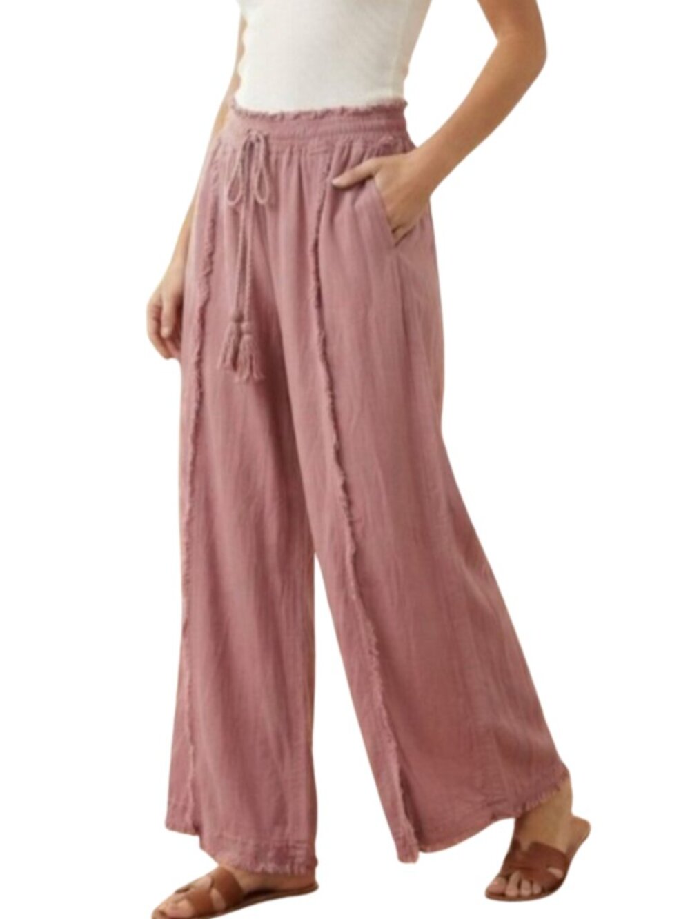 Vanilla Star Women’s Pink Wide-Leg Tassel Drawstring Pants